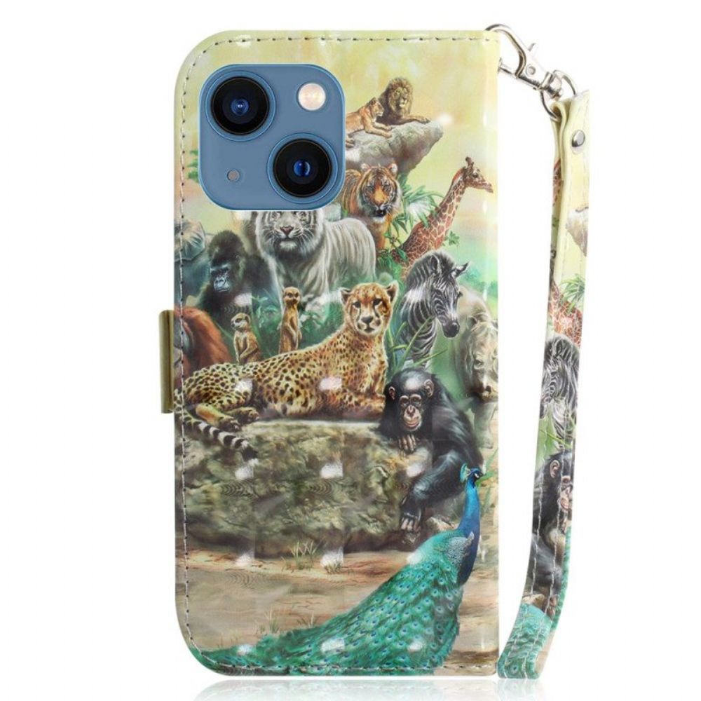 Leren Hoesje voor iPhone 15 Plus Met Ketting Safaridieren Met Draagkoord