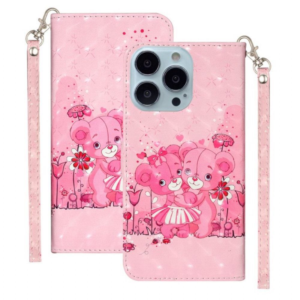 Leren Hoesje voor iPhone 15 Pro Max Met Ketting 3d Teddyberen Met Riem