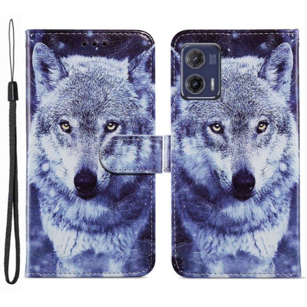 Leren Hoesje voor Moto G73 5G Met Ketting Lanyard Wolf