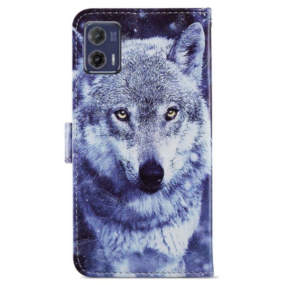 Leren Hoesje voor Moto G73 5G Met Ketting Lanyard Wolf