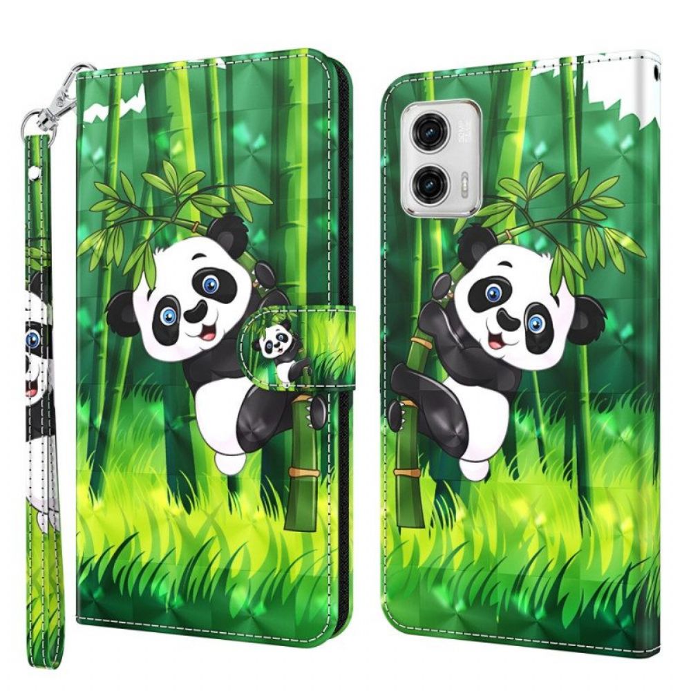 Leren Hoesje voor Moto G73 5G Met Ketting Panda En Bamboe Met Lanyard