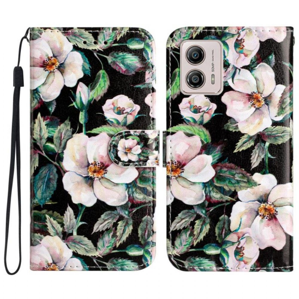 Leren Hoesje voor Moto G73 5G Met Ketting Riem Magnolia's