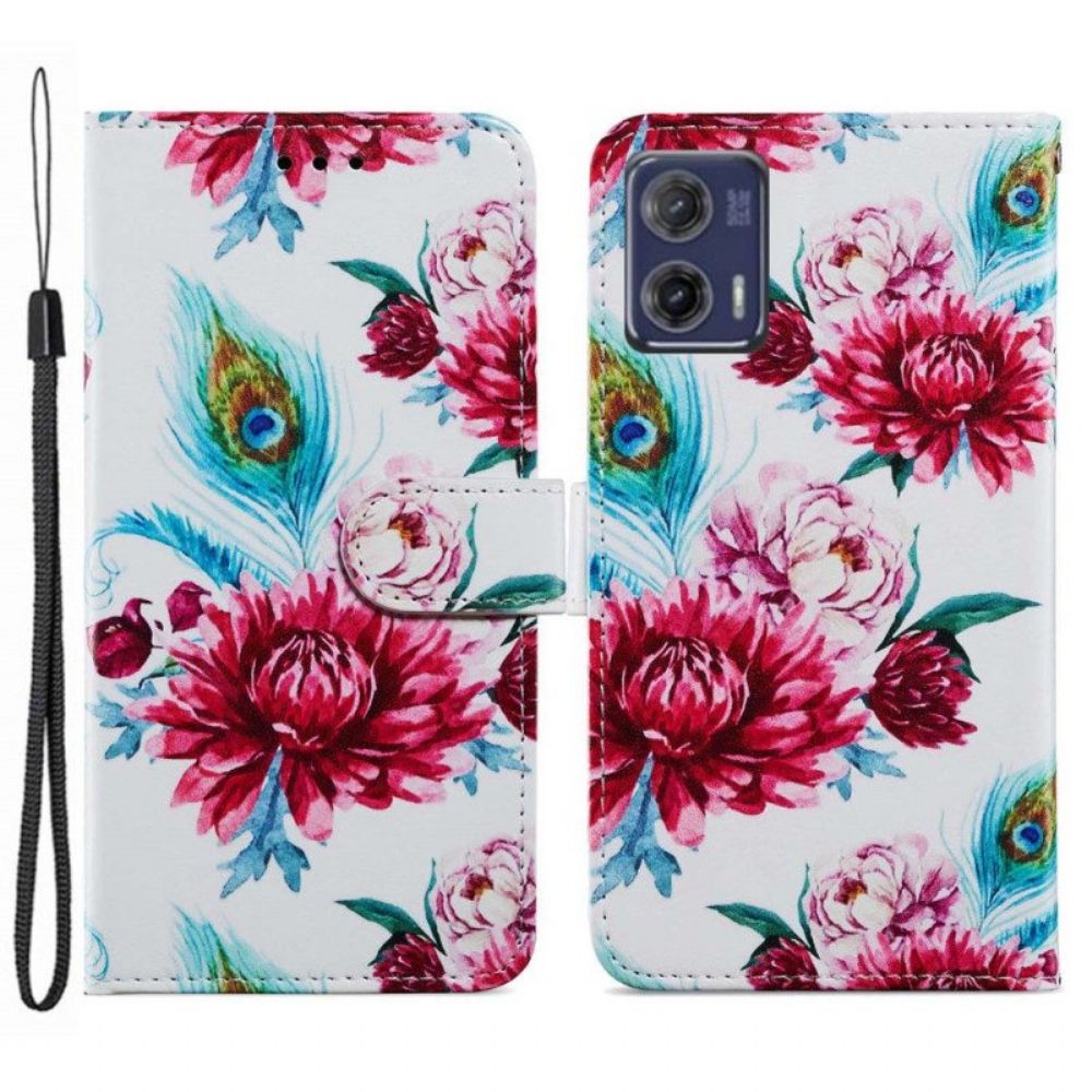 Leren Hoesje voor Moto G73 5G Met Ketting Strakke Bloemen