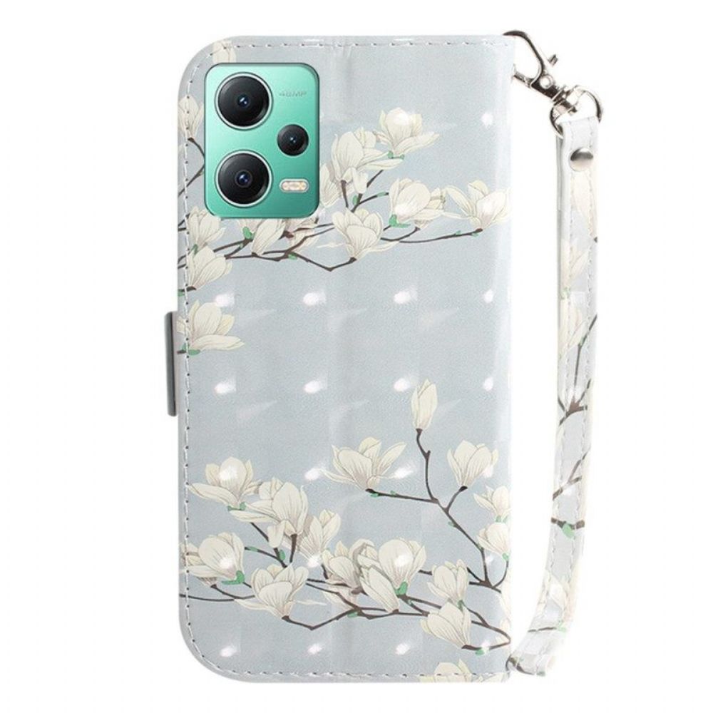 Leren Hoesje voor Poco X5 5G Met Ketting Witte Bloemen Met Bandjes