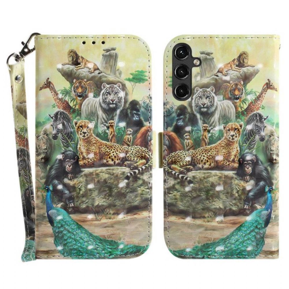 Leren Hoesje voor Samsung Galaxy A14 / A14 5G Met Ketting String Safari Dieren