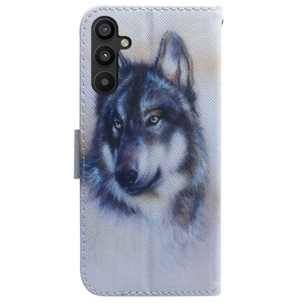 Leren Hoesje voor Samsung Galaxy A54 5G Met Ketting Strappy Aquarel Wolf