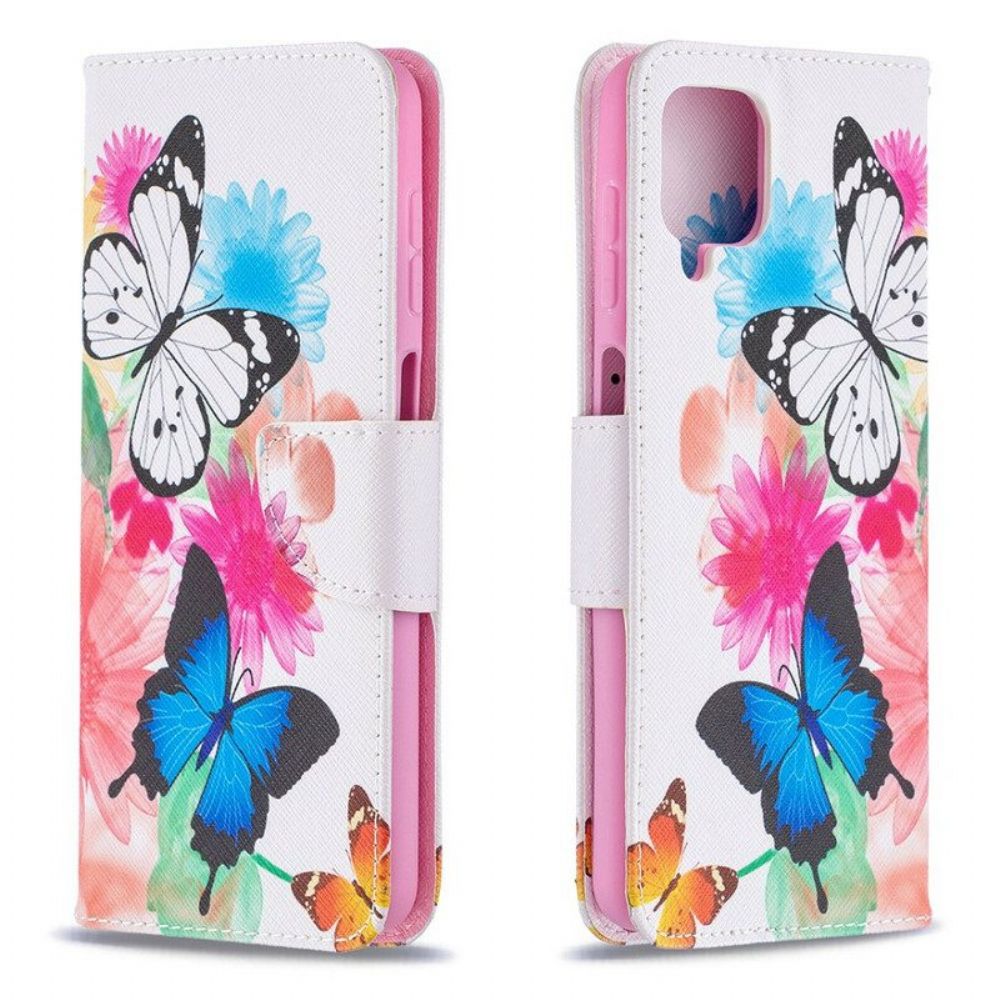 Leren Hoesje voor Samsung Galaxy M12 / A12 Geschilderde Vlinders En Bloemen