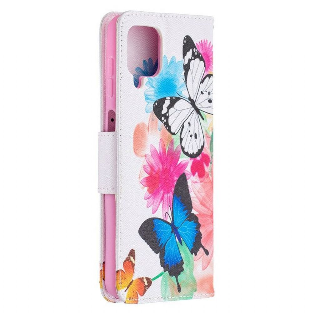 Leren Hoesje voor Samsung Galaxy M12 / A12 Geschilderde Vlinders En Bloemen