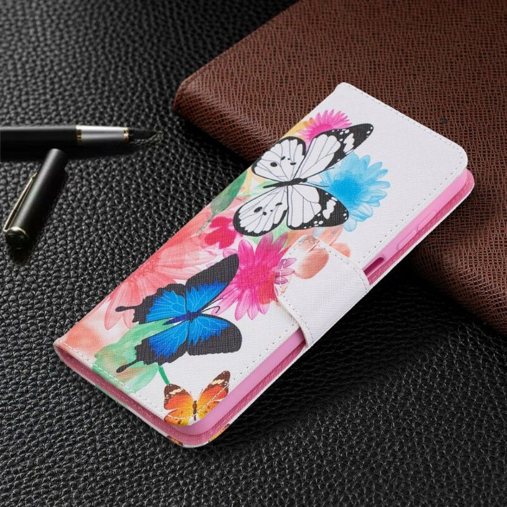 Leren Hoesje voor Samsung Galaxy M12 / A12 Geschilderde Vlinders En Bloemen