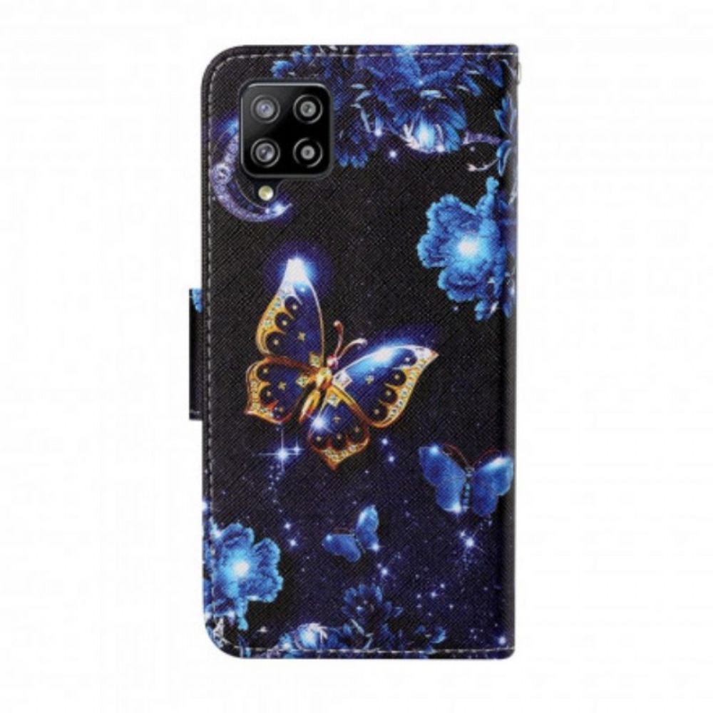 Leren Hoesje voor Samsung Galaxy M12 / A12 Met Ketting Kostbare Stringvlinders