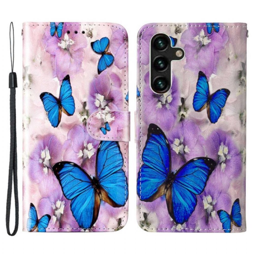 Leren Hoesje voor Samsung Galaxy S23 5G Met Ketting Kleurrijke Stringvlinders