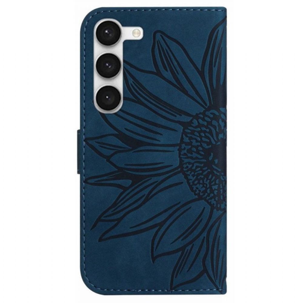 Leren Hoesje voor Samsung Galaxy S23 5G Zonnebloem Schouderriem