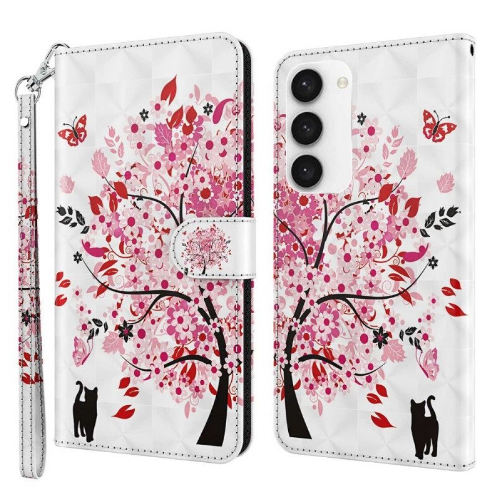 Leren Hoesje voor Samsung Galaxy S23 Plus 5G Met Ketting Boom En Strappy Cat