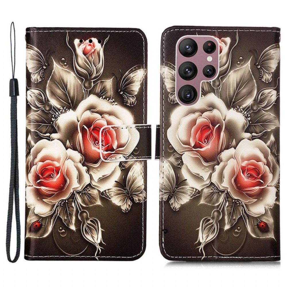 Leren Hoesje voor Samsung Galaxy S23 Ultra 5G Gouden Rozen