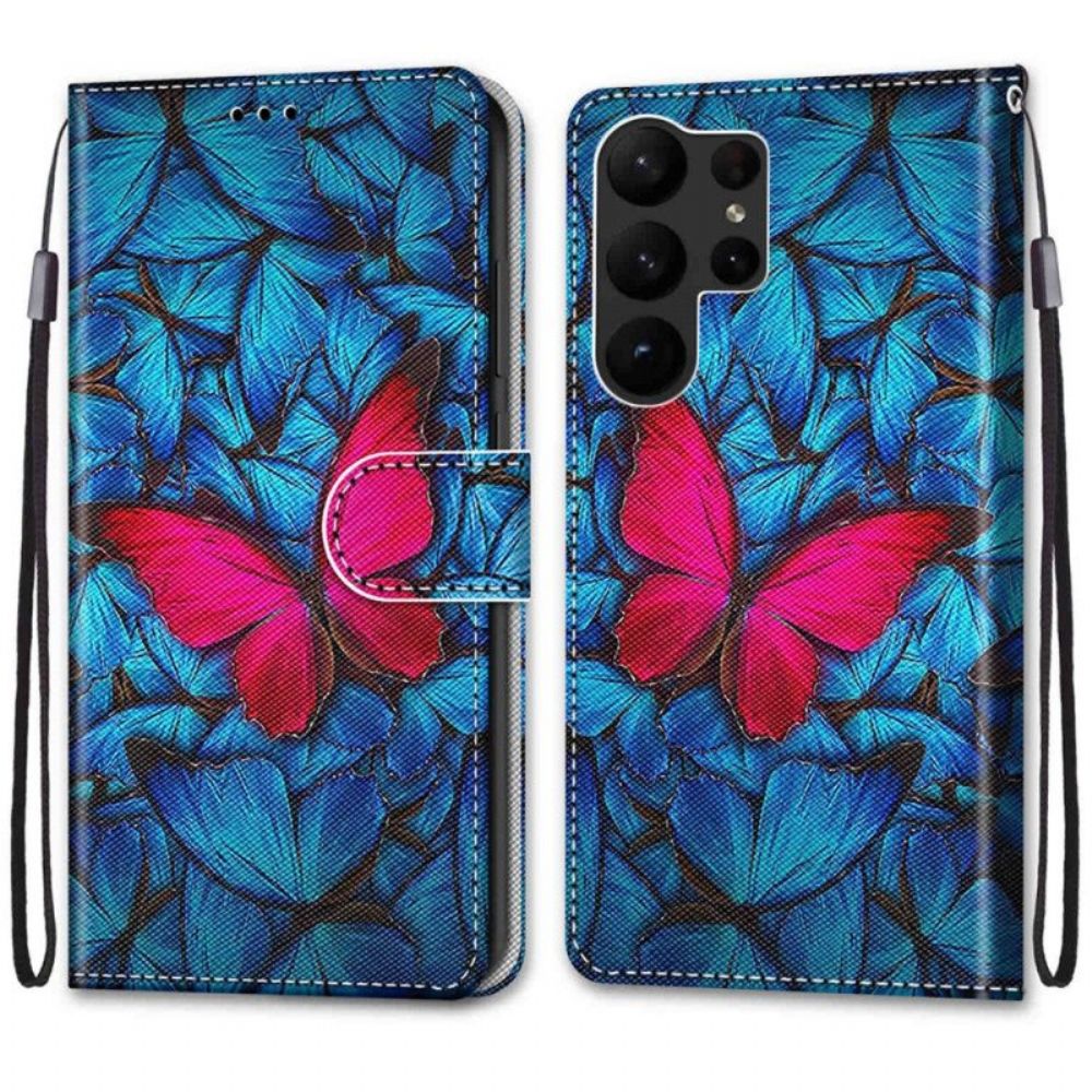 Leren Hoesje voor Samsung Galaxy S23 Ultra 5G Rode Vlinder Blauwe Achtergrond