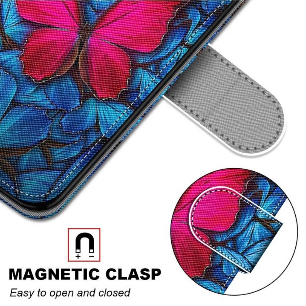 Leren Hoesje voor Samsung Galaxy S23 Ultra 5G Rode Vlinder Blauwe Achtergrond