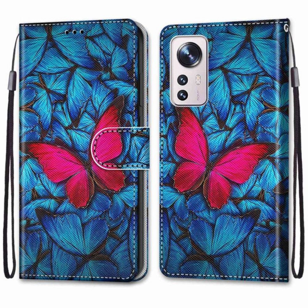 Leren Hoesje voor Xiaomi 12 / 12X Met Ketting Rode Vlinder Met Riem