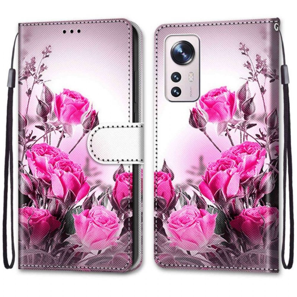 Leren Hoesje voor Xiaomi 12 / 12X Met Ketting Strakke Bloemen