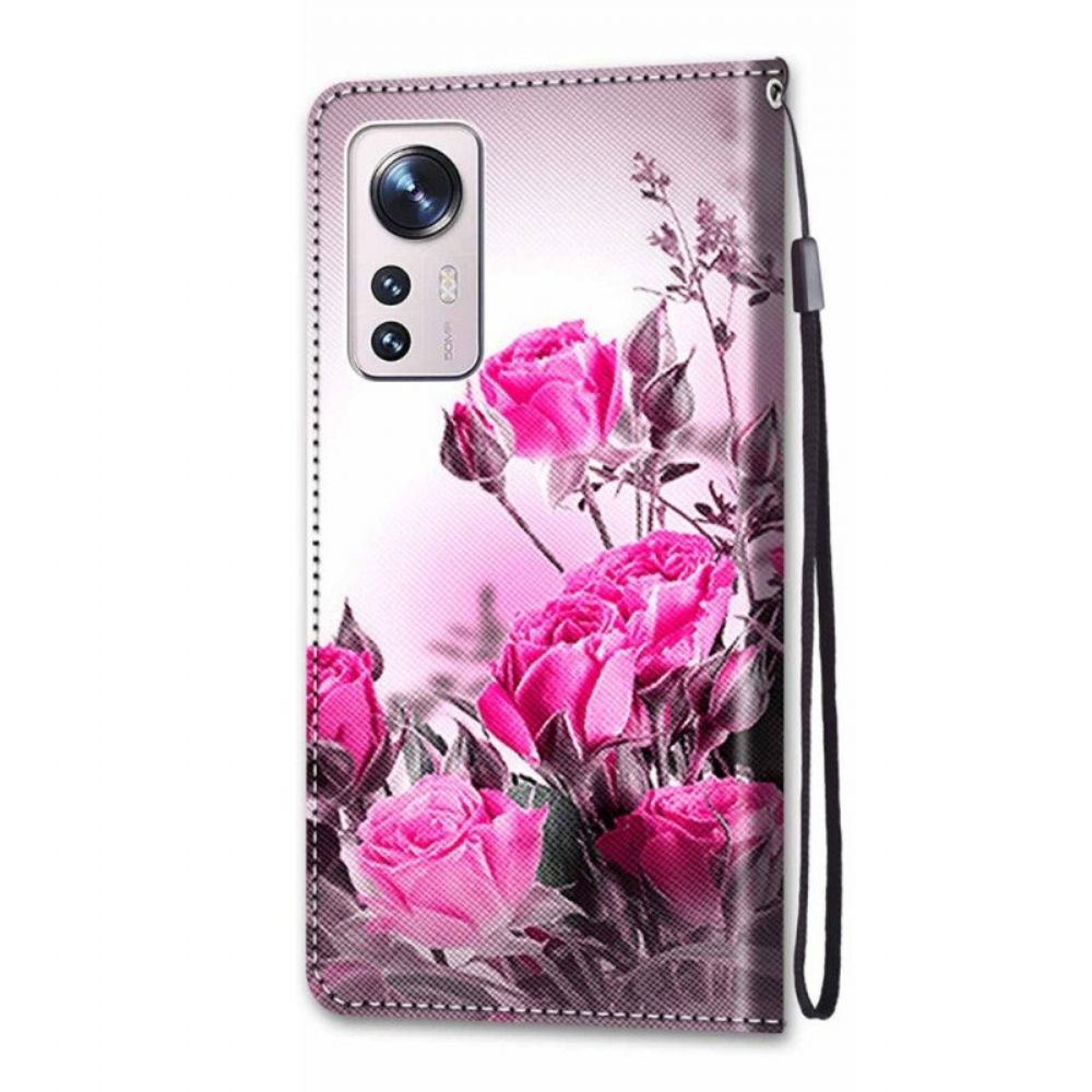 Leren Hoesje voor Xiaomi 12 / 12X Met Ketting Strakke Bloemen