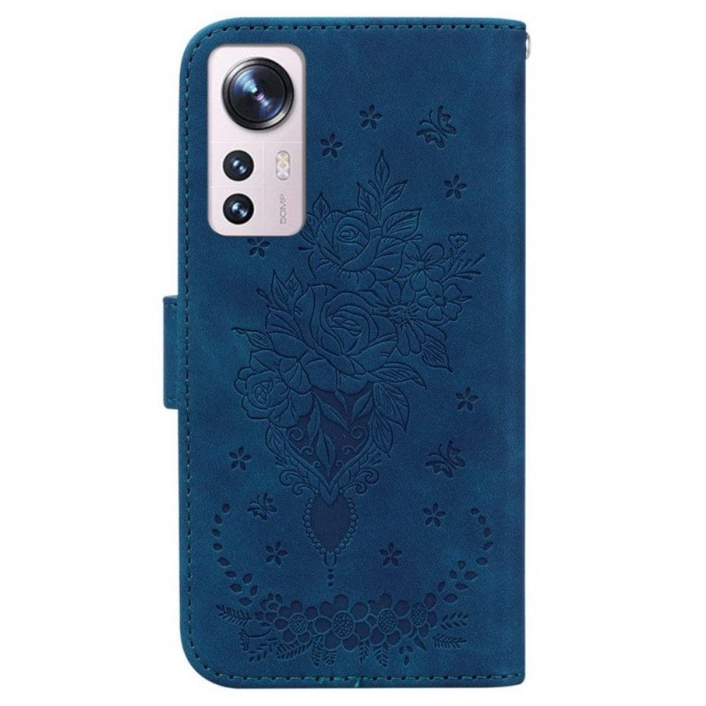 Leren Hoesje voor Xiaomi 12 / 12X Met Ketting Strappy Rozen En Vlinders