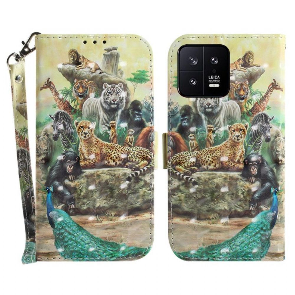 Leren Hoesje voor Xiaomi 13 Met Ketting Safari Dieren Strappy Pump