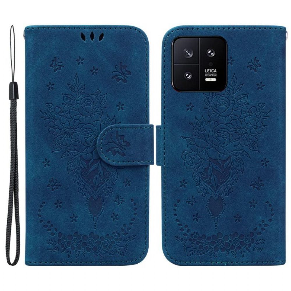 Leren Hoesje voor Xiaomi 13 Met Ketting Strappy Rozen En Vlinders