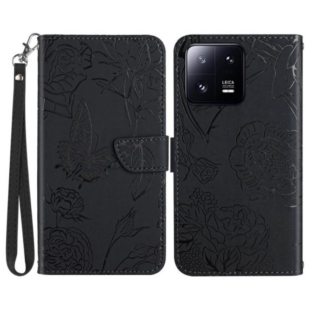 Leren Hoesje voor Xiaomi 13 Pro Vlinders En Lanyard