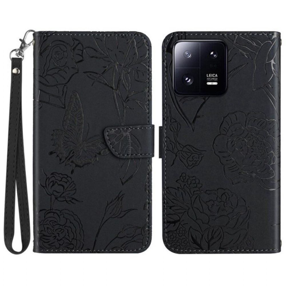 Leren Hoesje voor Xiaomi 13 Vlinders En Lanyard