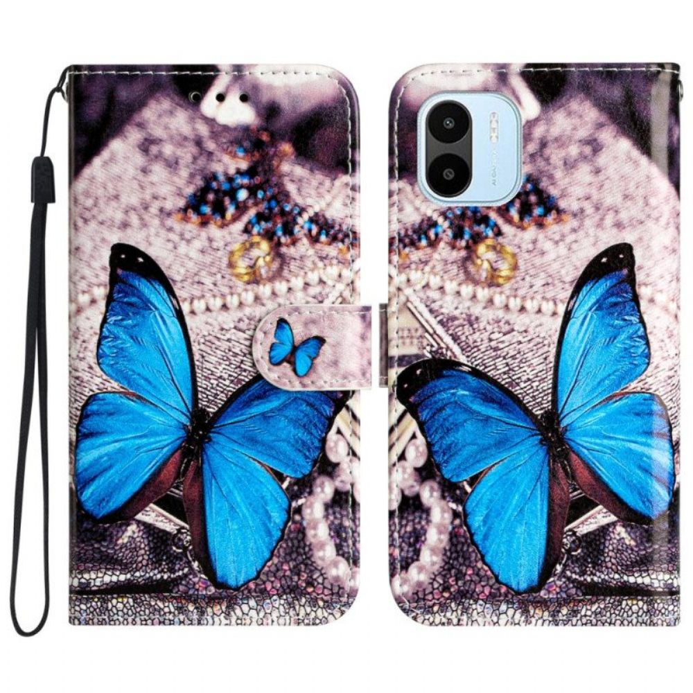 Leren Hoesje voor Xiaomi Redmi A1 Met Ketting Blauwe Vlinder Met Riem