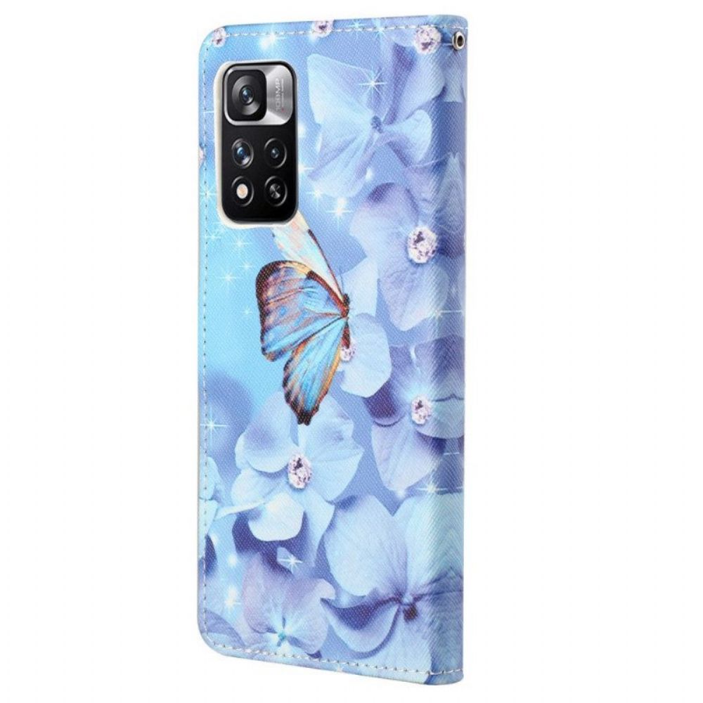 Leren Hoesje voor Xiaomi Redmi Note 11 Pro / 11 Pro 5G Met Ketting Strappy Diamanten Vlinders