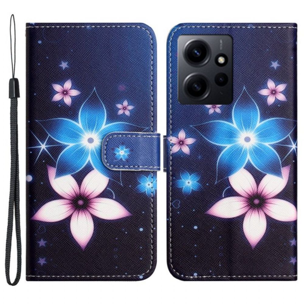 Leren Hoesje voor Xiaomi Redmi Note 12 4G Met Ketting Maanband Bloemen