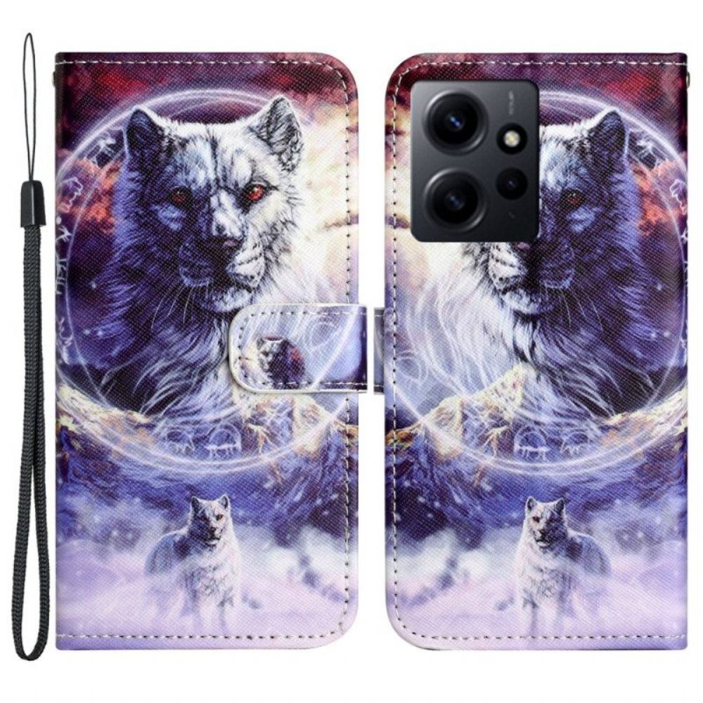 Leren Hoesje voor Xiaomi Redmi Note 12 4G Met Ketting Sneeuwwolf Met Bandjes