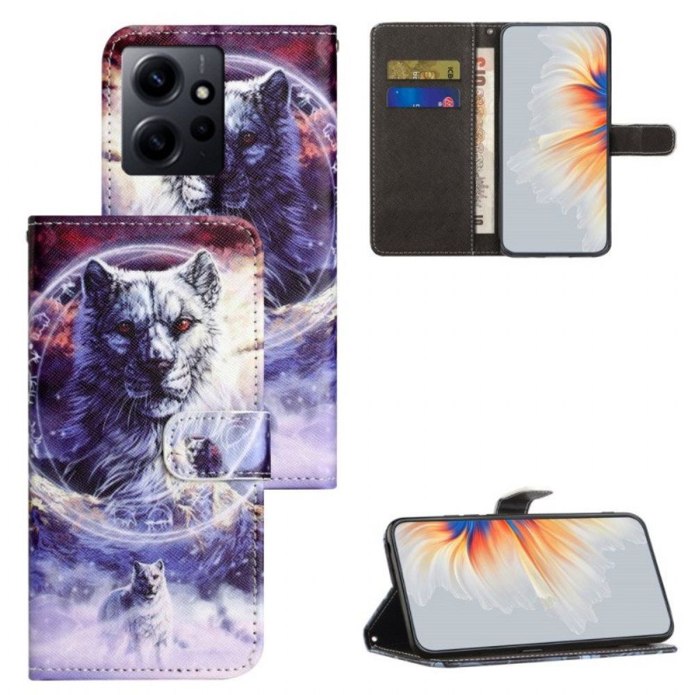 Leren Hoesje voor Xiaomi Redmi Note 12 4G Met Ketting Sneeuwwolf Met Bandjes