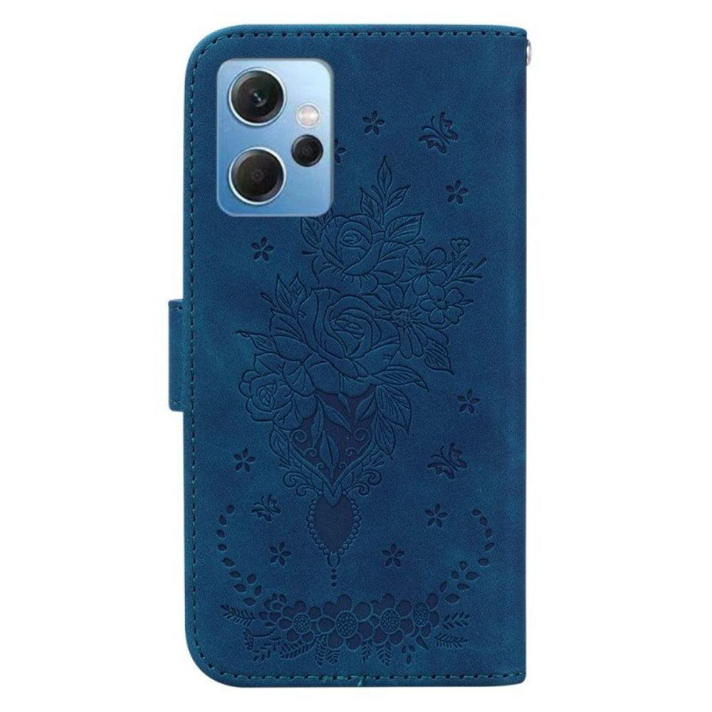 Leren Hoesje voor Xiaomi Redmi Note 12 4G Met Ketting Strappy Rozen En Vlinders