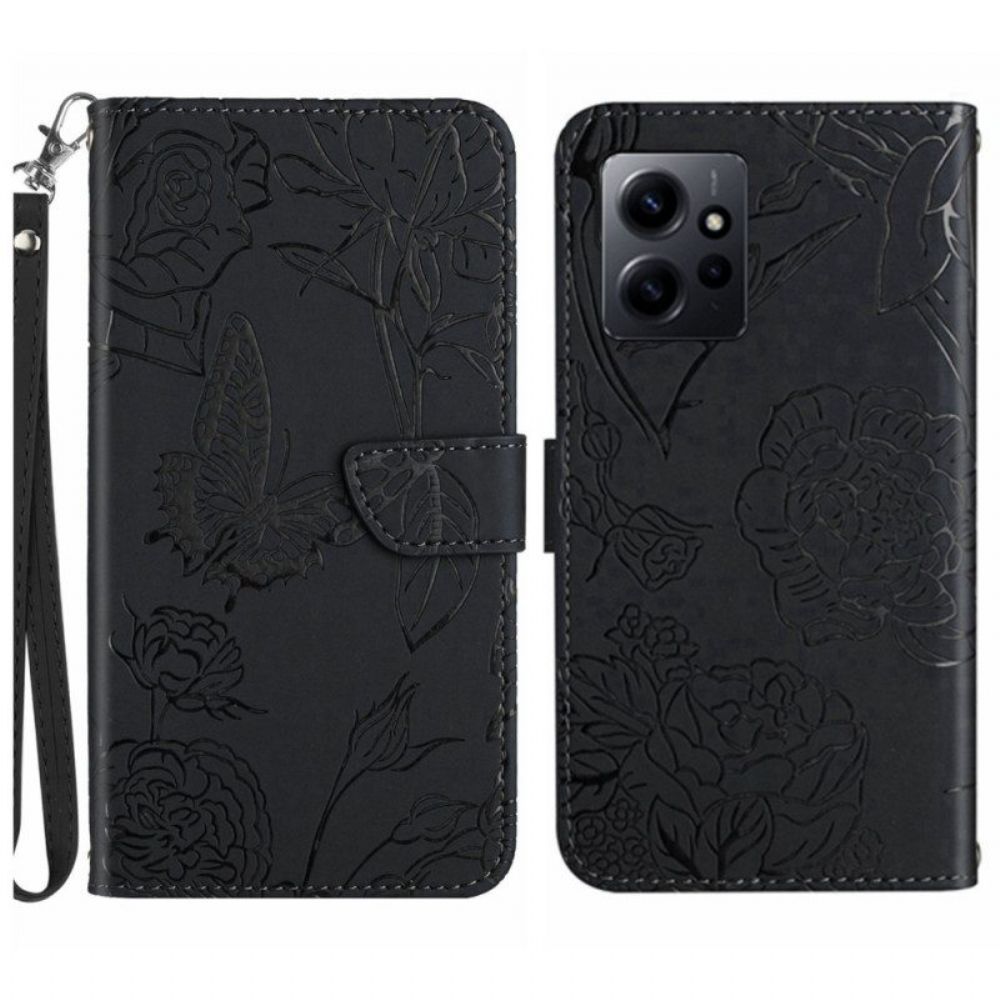 Leren Hoesje voor Xiaomi Redmi Note 12 4G Vlinders En Lanyard