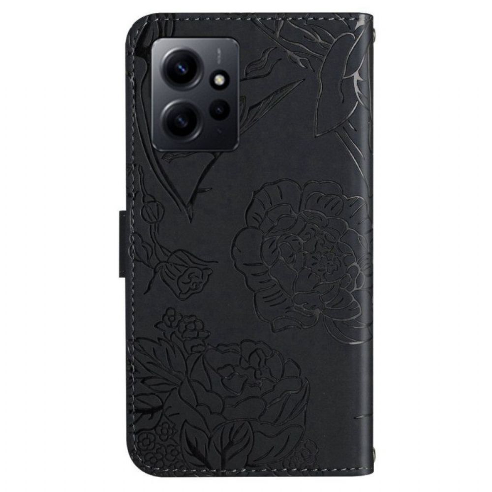 Leren Hoesje voor Xiaomi Redmi Note 12 4G Vlinders En Lanyard