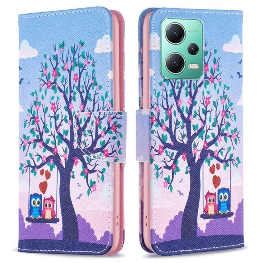 Leren Hoesje voor Xiaomi Redmi Note 12 5G Uilen Op De Schommel