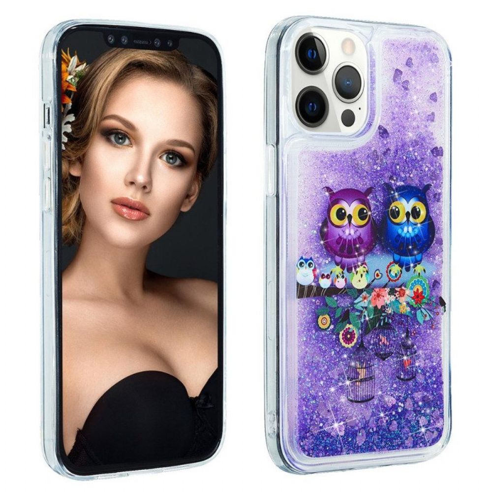 Telefoonhoesje voor iPhone 15 Pro Glitterpaar Uilen